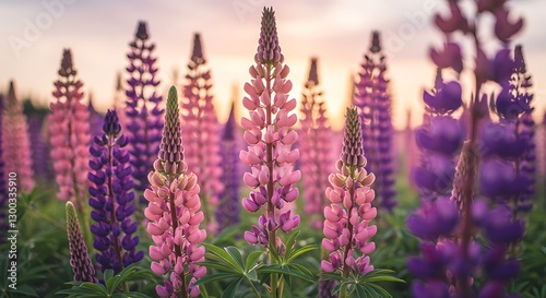 Close-up shot of three vibrant lupine flowers in varying shades of pink and blue, bathed in warm, golden sunlight. Soft-focus background shows additional lupines and bokeh