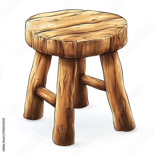 A rustic wooden stool with three sturdy legs illustrated in a hand-drawn style