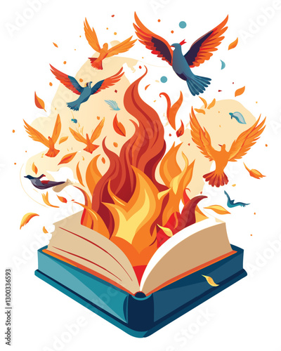 A fiery inferno consumes a book; letters burst from its burning pages, swirling in the smoke.  Focus on dramatic lighting and textural detail.