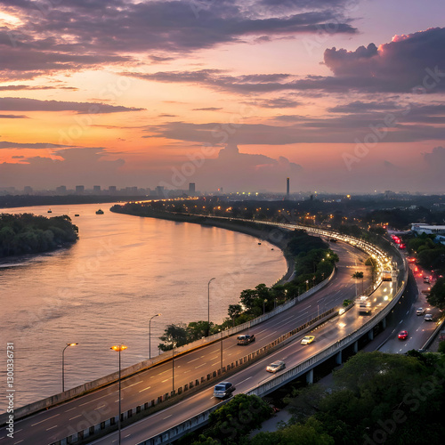 Wallpaper Mural A winding expressway along a river in Bangkok at twilight, illuminated by city lights, with reflections shimmering on the water. Torontodigital.ca