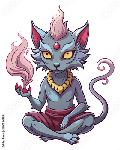 A serene, feline-like demon, possessing obsidian fur and glowing eyes, sits patiently, its serpentine tail elegantly coiled.  Detailed rendering required.