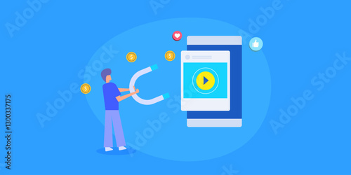 Digital creator, making money by posting content on social media. Person with magnet attracts coins. Video content on smartphone screen.