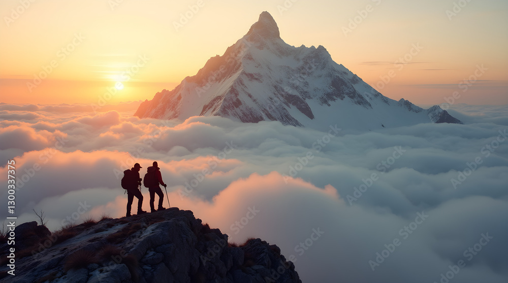 Fototapeta premium Majestic Snow Mountain Peak Golden Sunrise - Hikers Silhouetted Above Clouds - Inspirational Landscape Trekking Adventure