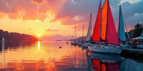 Colorful sailboats bob gently at sunset, Comox Marina , twilight, evening photo