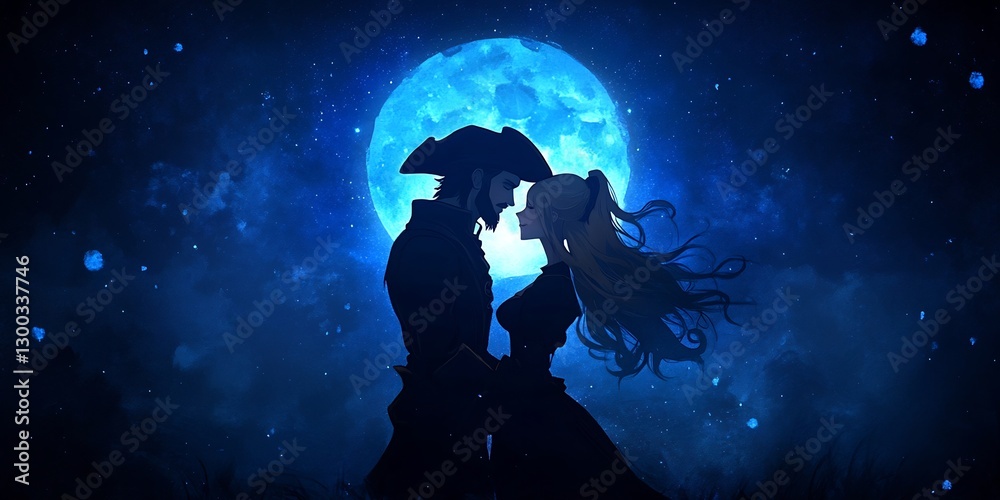 Obraz premium pirate anime couple meeting under moonlight