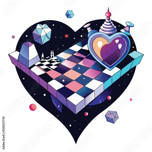 A surreal artwork depicting a chessboard levitating in the inky blackness of space, each square subtly altered; cosmic chess pieces.