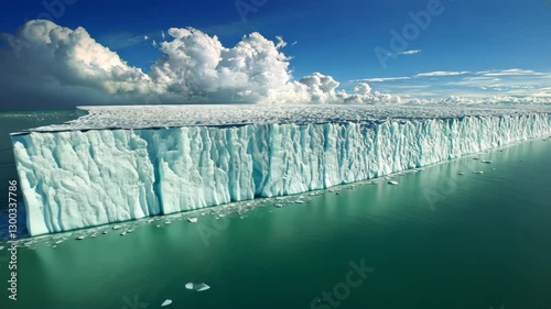 Majestic Ice Cliff and Massive Iceberg Under Vibrant Sky with Clouds Over Ocean Waters