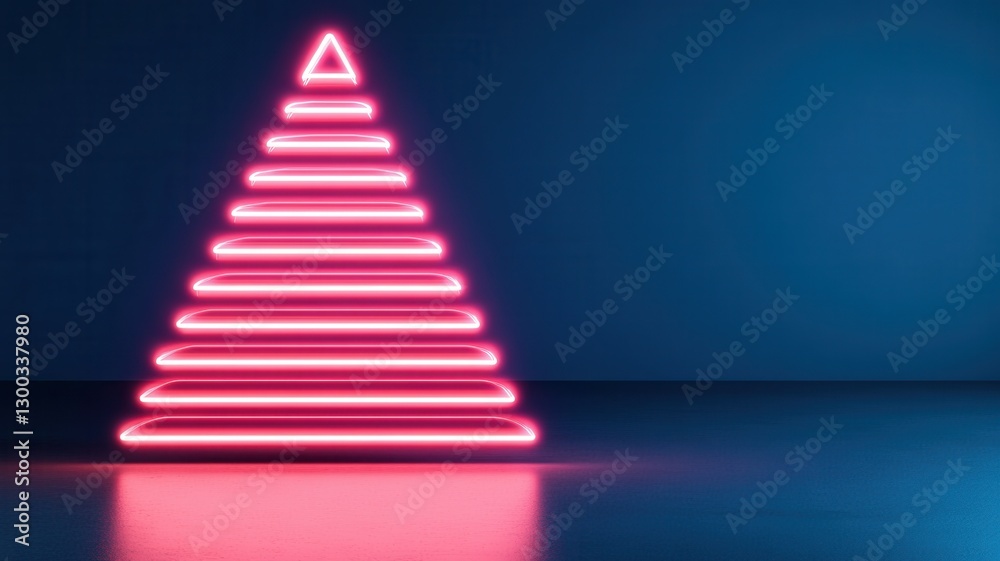 Obraz premium Luminous winter neon pink christmas tree illuminating deep blue background, casting greeting card festive glow and vibrant holiday banner ambiance copy space for text