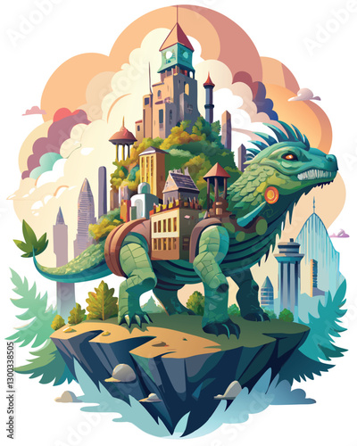A sprawling metropolis, intricately detailed, perched atop a colossal, lumbering beast in motion; fantastical architecture blends with organic forms.