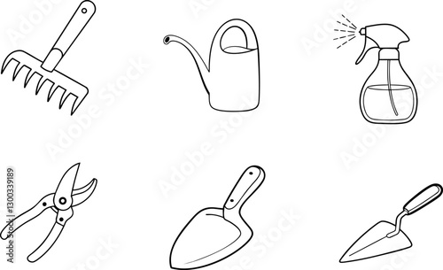 Gardening tools including rake, watering can, and spray bottle.