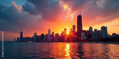 Chicago skyline sunset, skyscrapers ablaze with golden hour light, steel, landscape