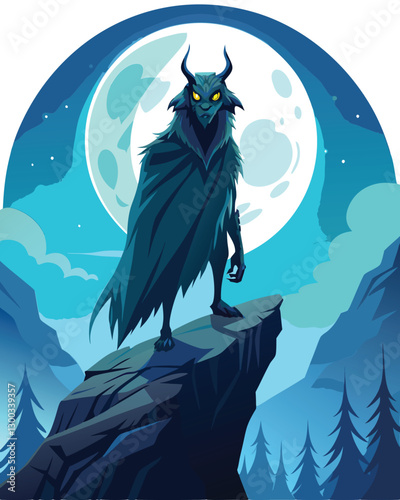 A shadowy, cloaked beast with intensely glowing crimson eyes stands menacingly at the precipice of a crumbling cliff edge.