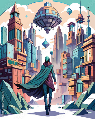 A mysterious cloaked wanderer navigates a bustling, futuristic city at twilight, buildings towering above.