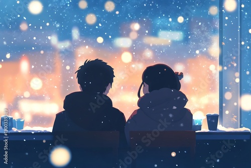 anime couple winter snow cozy cafe romance