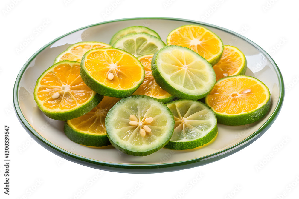 Plate of sliced calamansi and lime citrus fruits - Close-up of a plate filled with fresh calamansi and lime slices, showcasing vibrant green and orange colors with visible seeds. Plate of sliced calamansi and lime citrus fruits - Close-up of a plate filled with fresh calamansi and lime slices, showcasing vibrant green and orange colors with visible seeds.