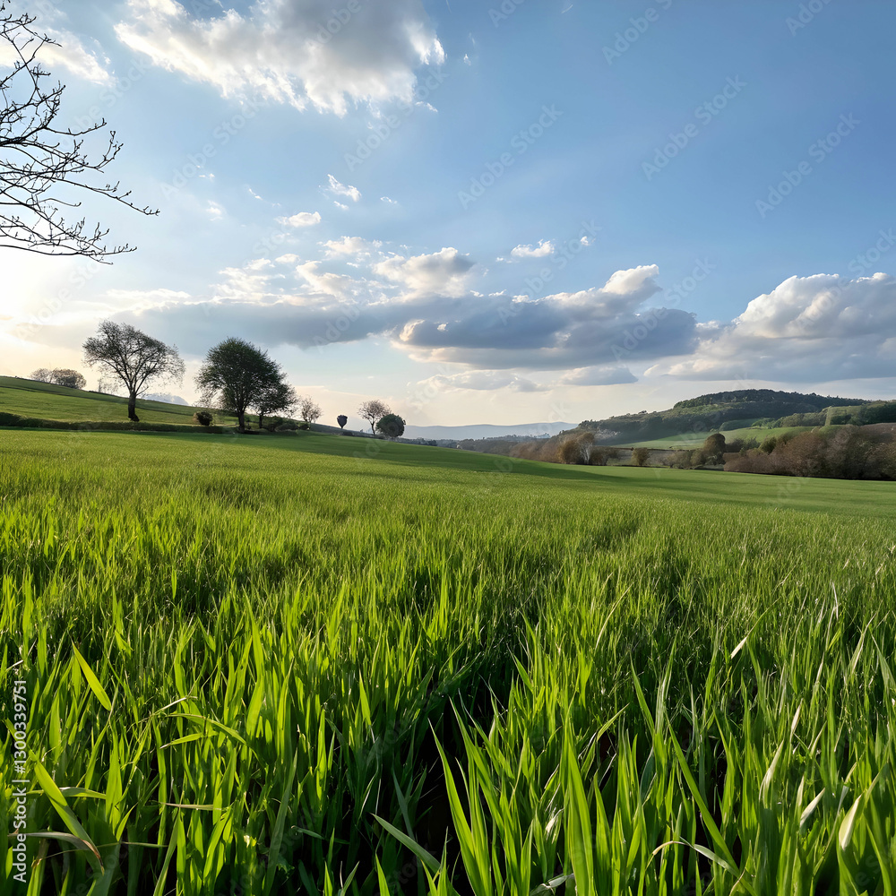 A vast, lush green field stretching to the horizon, bathed in natural sunlight, with a clear blue sky overhead