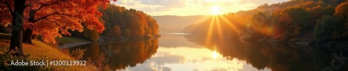 Golden sunlight filters through fall foliage, Susquehanna River view , rays, season, bank
