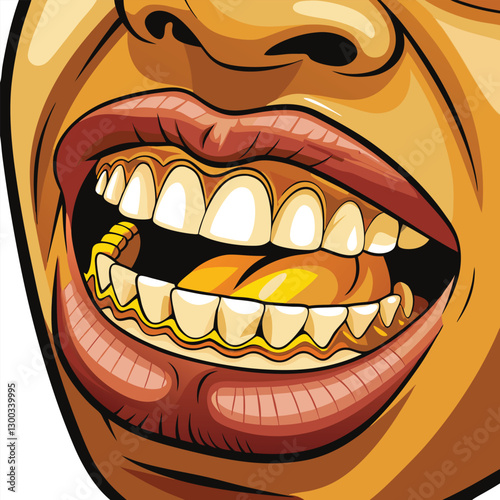 Extreme close-up shot of a rapper's mouth, showcasing a gold grill; detailed texture and reflective qualities of the gold.