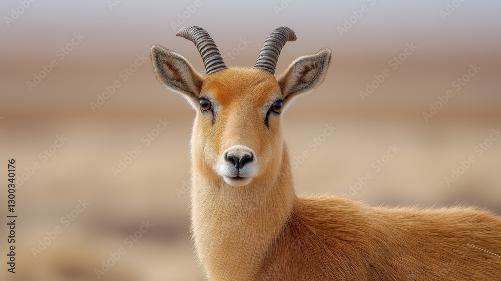 Close-up portrait of a Saiga antelope standing in vast arid landscape Close-up portrait of a Saiga antelope standing in vast arid landscape