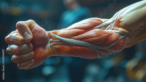 Forearm flexor muscles during wrist curl, vintage gym lighting, warm color temperature highlighting skin tone