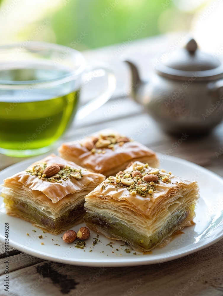 white plate with three square baklava pastries on it, green tea and nuts in the background, studio lighting, studio kitchen table with an olive wood top white plate with three square baklava pastries on it, green tea and nuts in the background, studio lighting, studio kitchen table with an olive wood top
