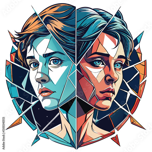 A cracked antique mirror reflects fragmented, distorted self-portraits, showcasing fractured identity and inner turmoil.