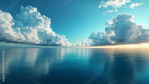 Tranquil Ocean Sunset: A Serene Seascape with Puffy Clouds