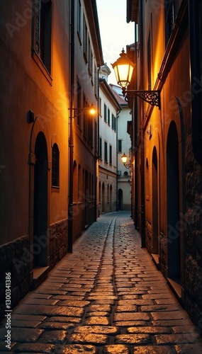 Cobblestone passageway bathed in warm golden light from the single streetlamp above, historic, streetlamp