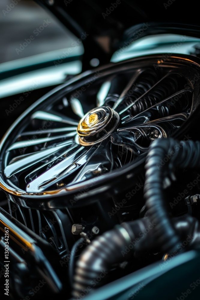Obraz premium Chrome wheel gleaming engine detailing shiny reflections metallic elements.