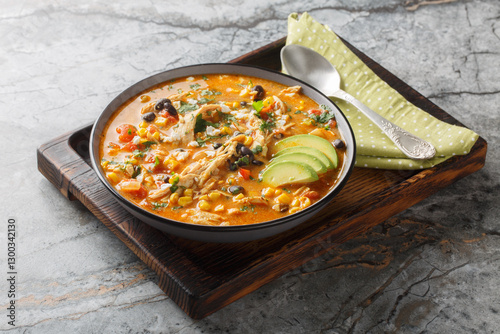 Delicious chicken enchilada soup with corn, tomato, avocado, black beans and cheese closeup on the plate. Horizontal