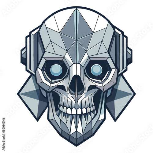 Render a detailed image of a cybernetic skull, adorned with intricate geometric patterns and glowing circuitry; showcase a calm, almost serene expression.