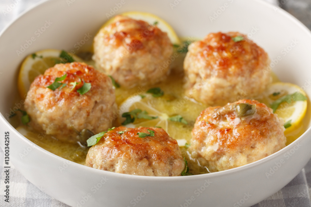Italian chicken meatballs with picatta sauce consisting of capers, butter, lemons, and wine close-up in a plate. Horizontal