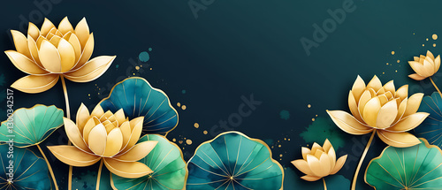 Golden Lotus Flowers and Teal Leaves on a Dark Background