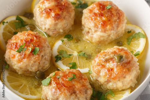 Chicken meatballs are finished with a velvety piccata sauce complete with lemon, white wine, and capers closeup on the plate. Horizontal