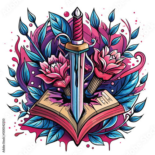 A gleaming dagger, piercing an open antique book, its ink bleeding onto the aged pages; dramatic lighting; detailed textures.