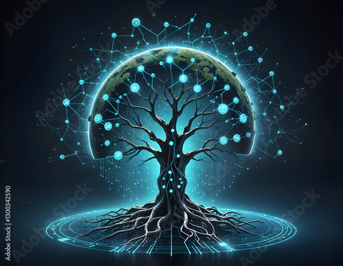 A surreal tree made of intertwined glowing data cables and fractal patterns of light and shapes, symbolizing algorithms and neural networks. Concept of Artificial Intelligence. Digital illustration