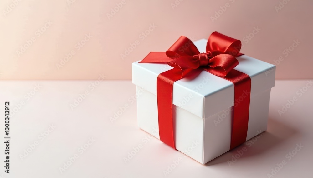 Fototapeta premium A pristine white gift box adorned with a classic red bow , studio shot, christmas