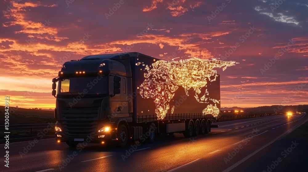 Freight truck with luminous map on open road at dusk Freight truck with luminous map on open road at dusk