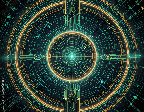 Massive crystalline sphere floating in levitating shards of light that form a dynamic structure, symbolizing the constant flow of information. Concept of Artificial Intelligence. Digital illustration.