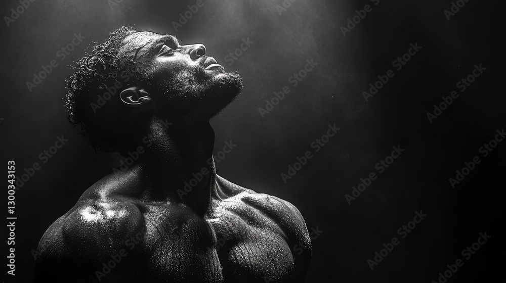Fototapeta premium Oblique muscle definition during twist motion, rim lighting outlining muscle shape, dark atmospheric background