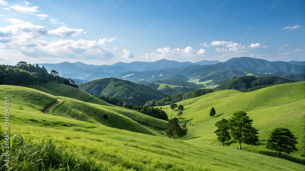 Fototapeta premium Rolling green hills and mountains under a blue sky