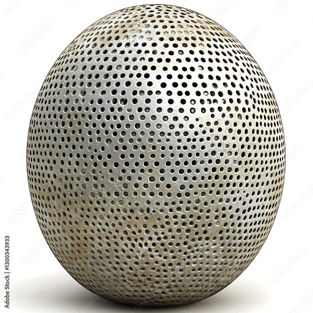 Perforated metal sphere, white background, design texture Perforated metal sphere, white background, design texture
