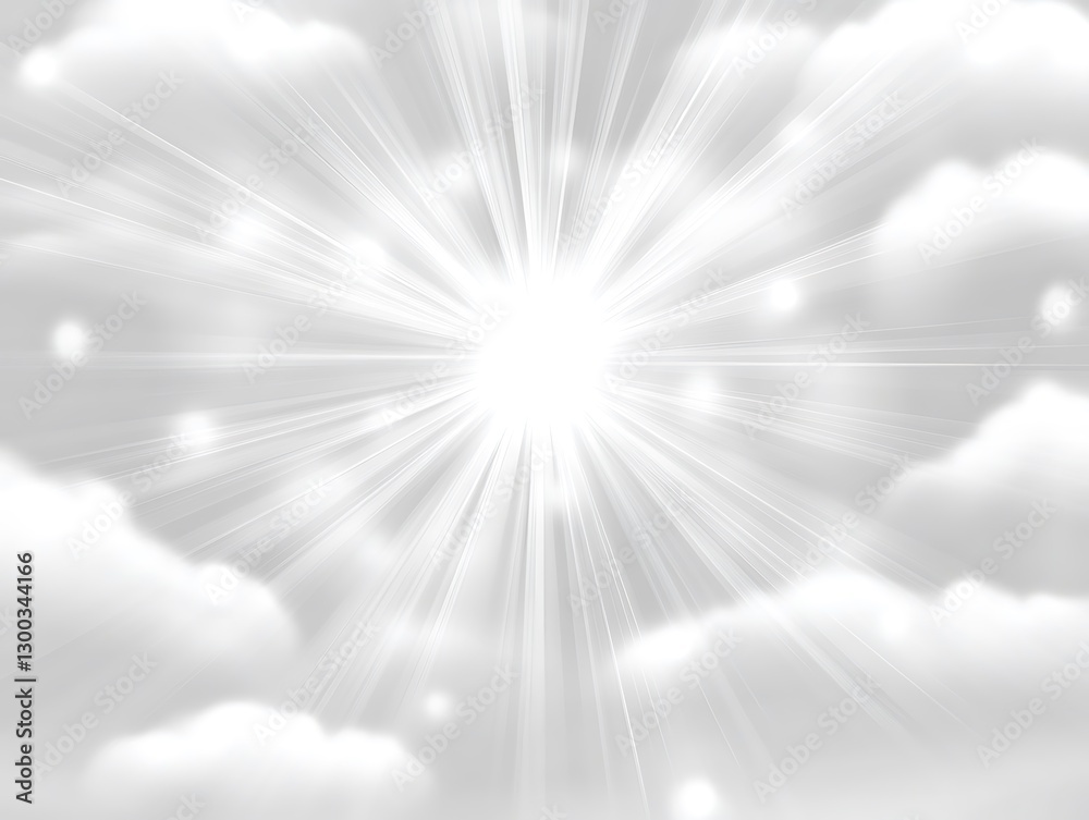 Fototapeta premium Radiant light bursts amidst soft clouds against a serene gray canvas