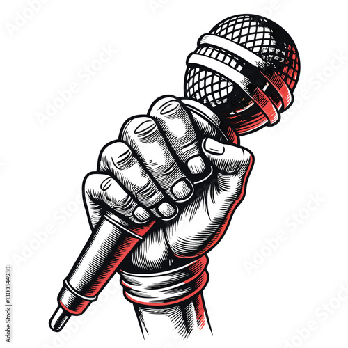 A hyperrealistic close-up of a hand, prominently showcasing detailed veins, firmly gripping a microphone.