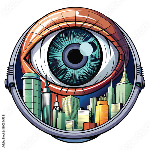A hyperrealistic close-up of a human eyeball reflecting a detailed city skyline at night.  The reflection is sharp and vibrant.