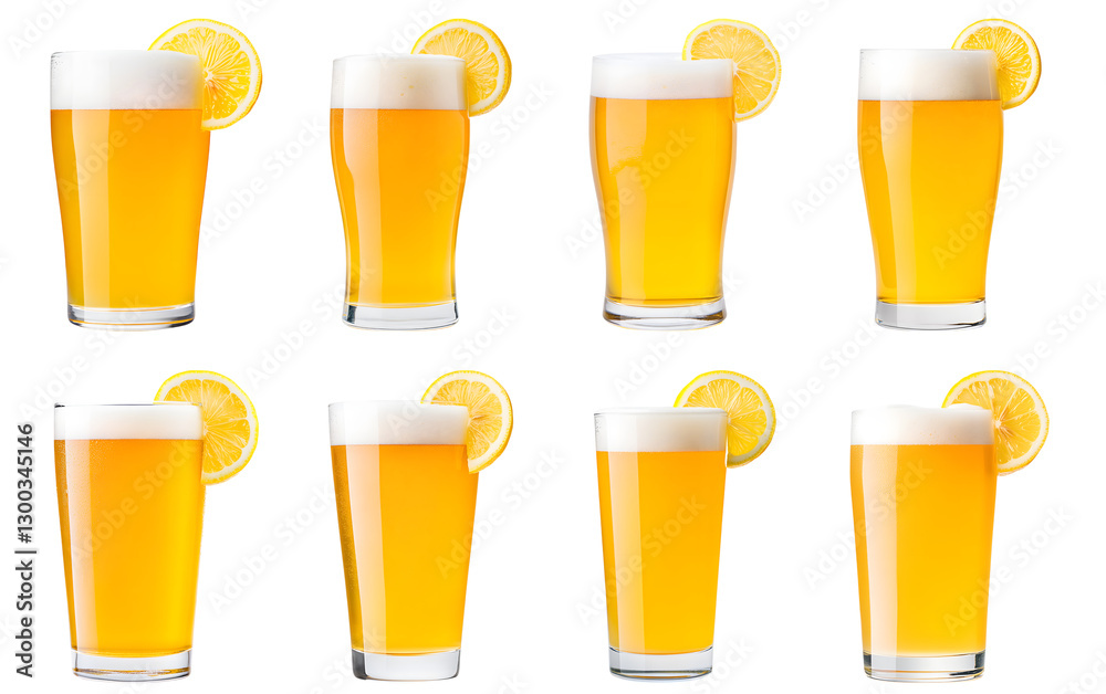 Collection of various a frothy glass of lemon flavored beer with a lemon wedge on the rim isolated on white transparent background PNG set Collection of various a frothy glass of lemon flavored beer with a lemon wedge on the rim isolated on white transparent background PNG set