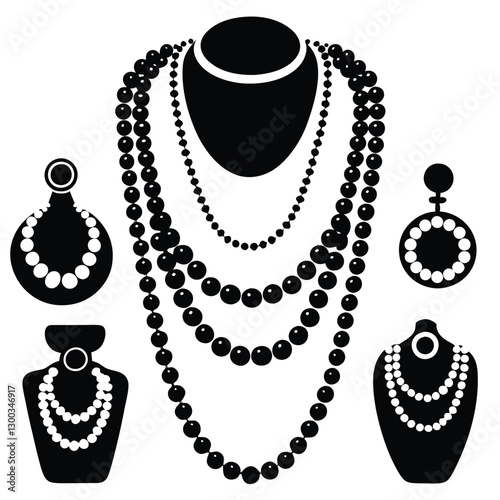 Elegant pearl necklace set, black velvet jewelry display, white pearl strands, classic jewelry design, multiple lengths, matching earrings, high contrast monochrome, luxury accessories,
