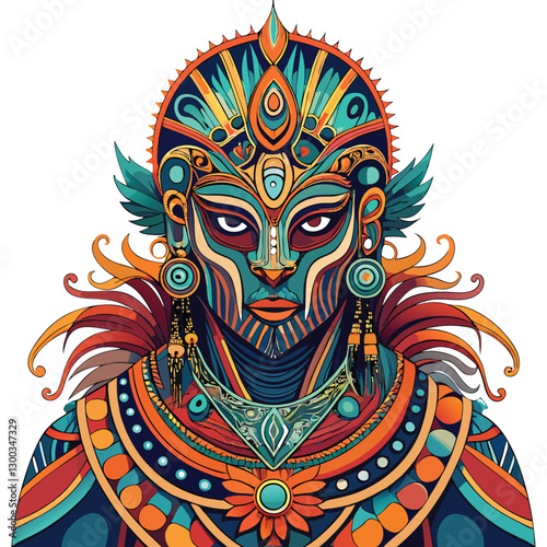 Generate an image of a weathered, faceless statue intricately carved with tribal patterns, suggesting age and spiritual significance.