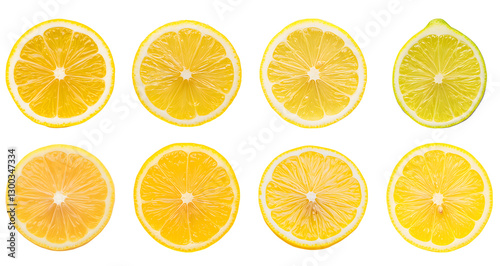Collection of various a fresh Eureka lemon slice with vibrant yellow skin, sliced open to reveal juicy flesh isolated on white transparent background PNG set