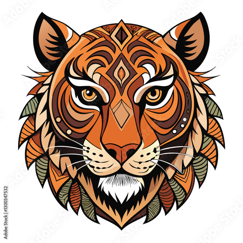 A close-up of a ferocious tiger's face, adorned with intricate, geometric tribal markings, rendered in vibrant colors.